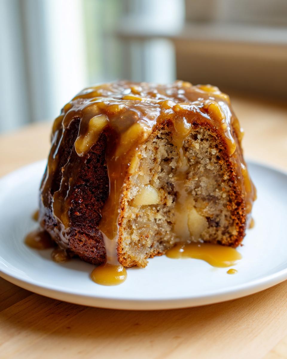 A moist slice of apple dapple cake, cut open to show apple chunks, generously covered in dripping caramel sauce.