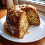 A slice cut from a bundt-style apple dapple cake, generously topped with a thick, dripping caramel sauce.