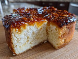 Close-up of a sliced bee sting cake showing the light, fluffy interior and the glossy, caramelized honey-almond topping.