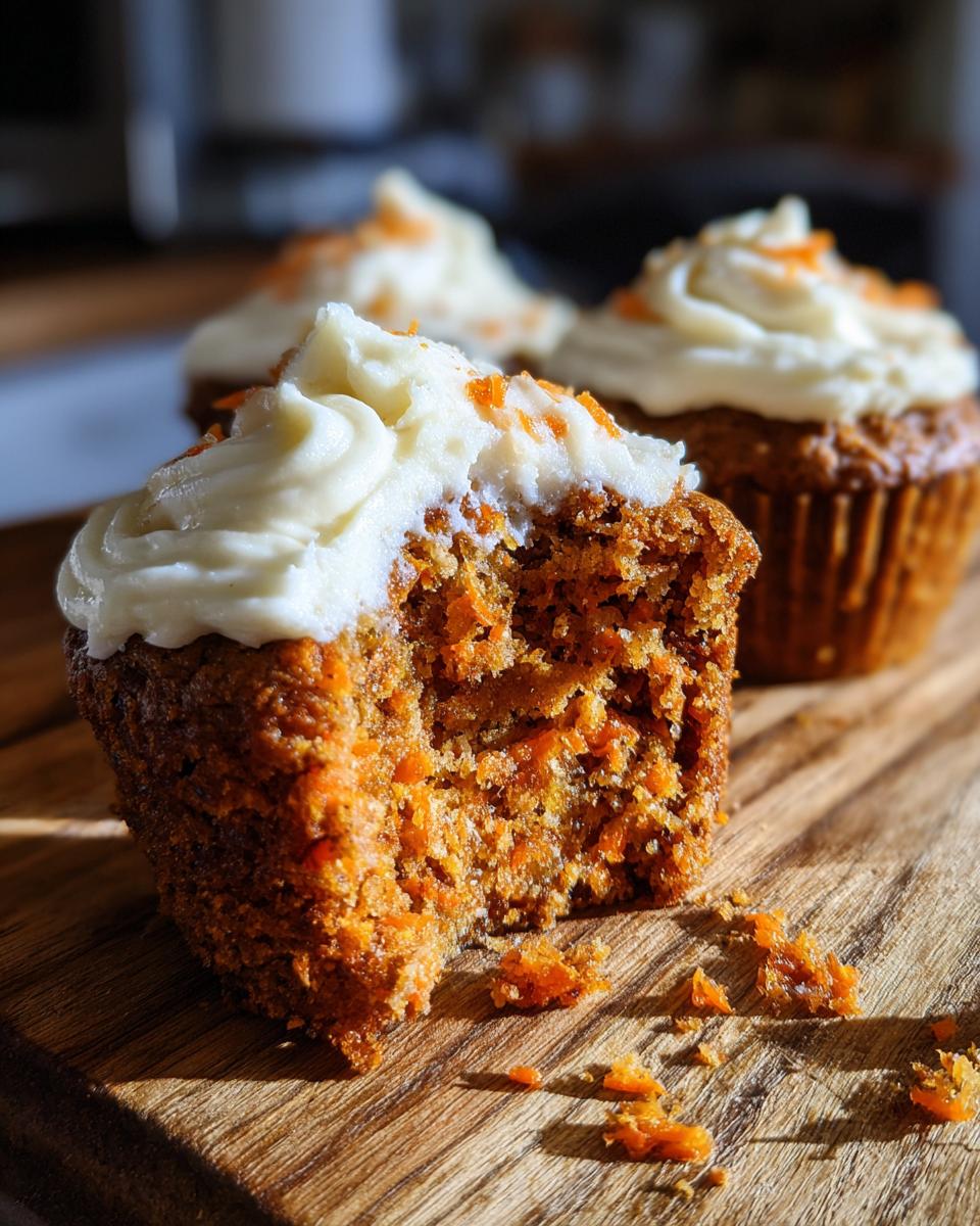 Close-up of a carrot cake muffin with a bite taken out, showing moist texture and cream cheese frosting on top.