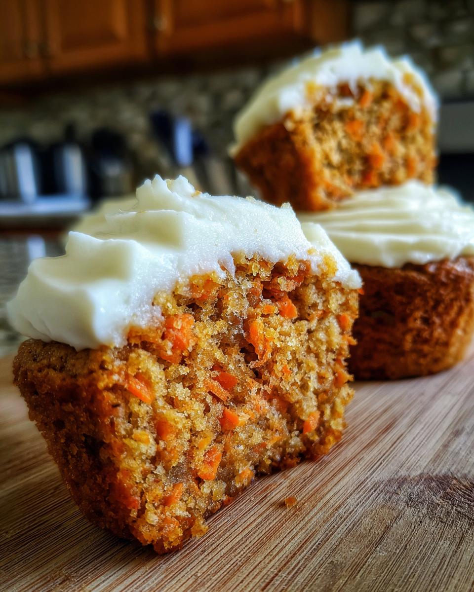 Close-up of a halved carrot cake muffins showing moist texture and shredded carrots, topped with cream cheese frosting.