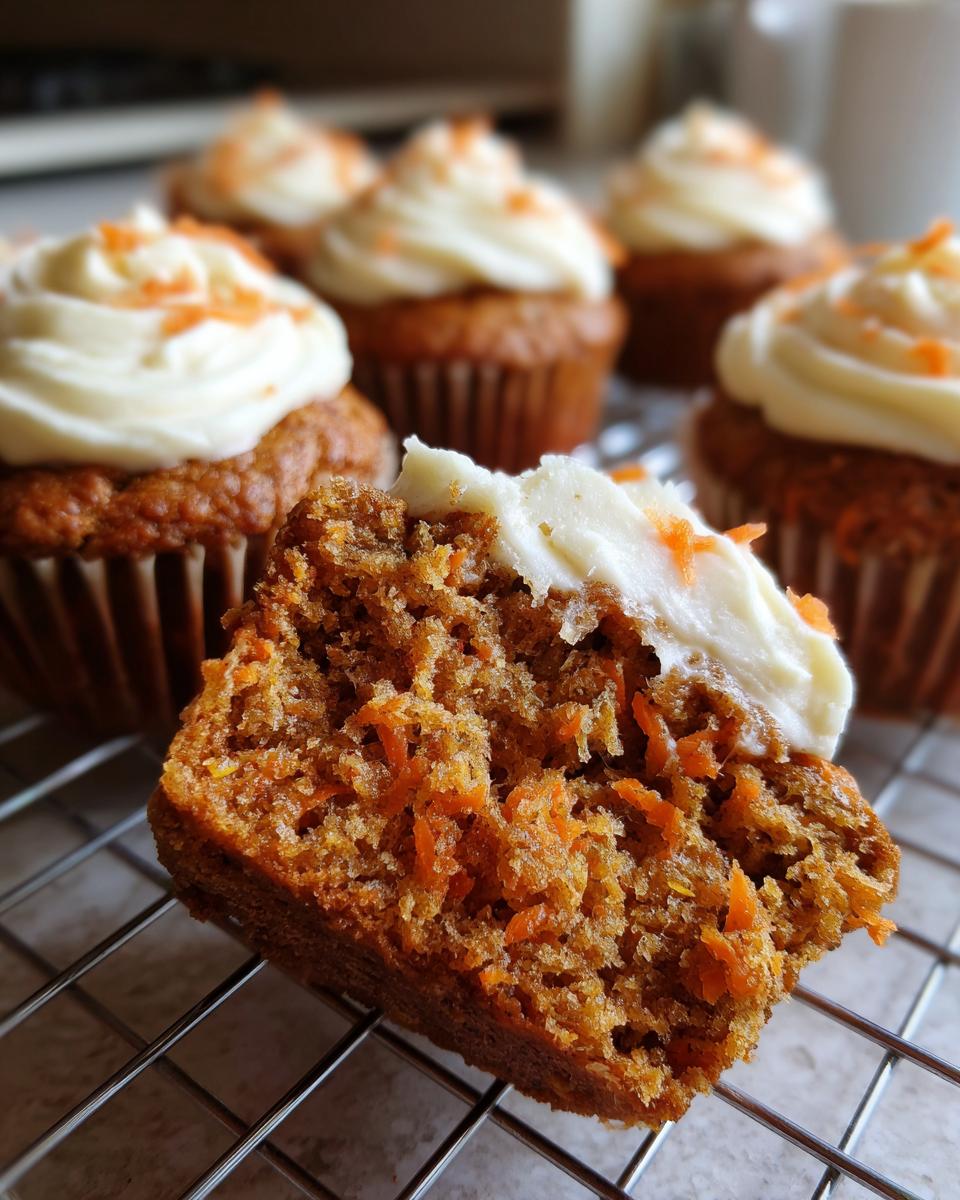 Close-up of a carrot cake muffin cut in half showing the moist, shredded carrot interior and cream cheese frosting on top of carrot cake muffins.