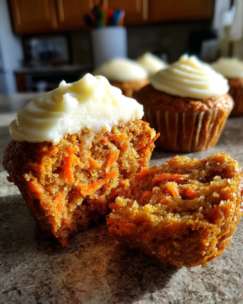 A carrot cake muffin is broken in half to show the moist interior filled with shredded carrots, topped with cream cheese frosting. More carrot cake muffins are in the background.
