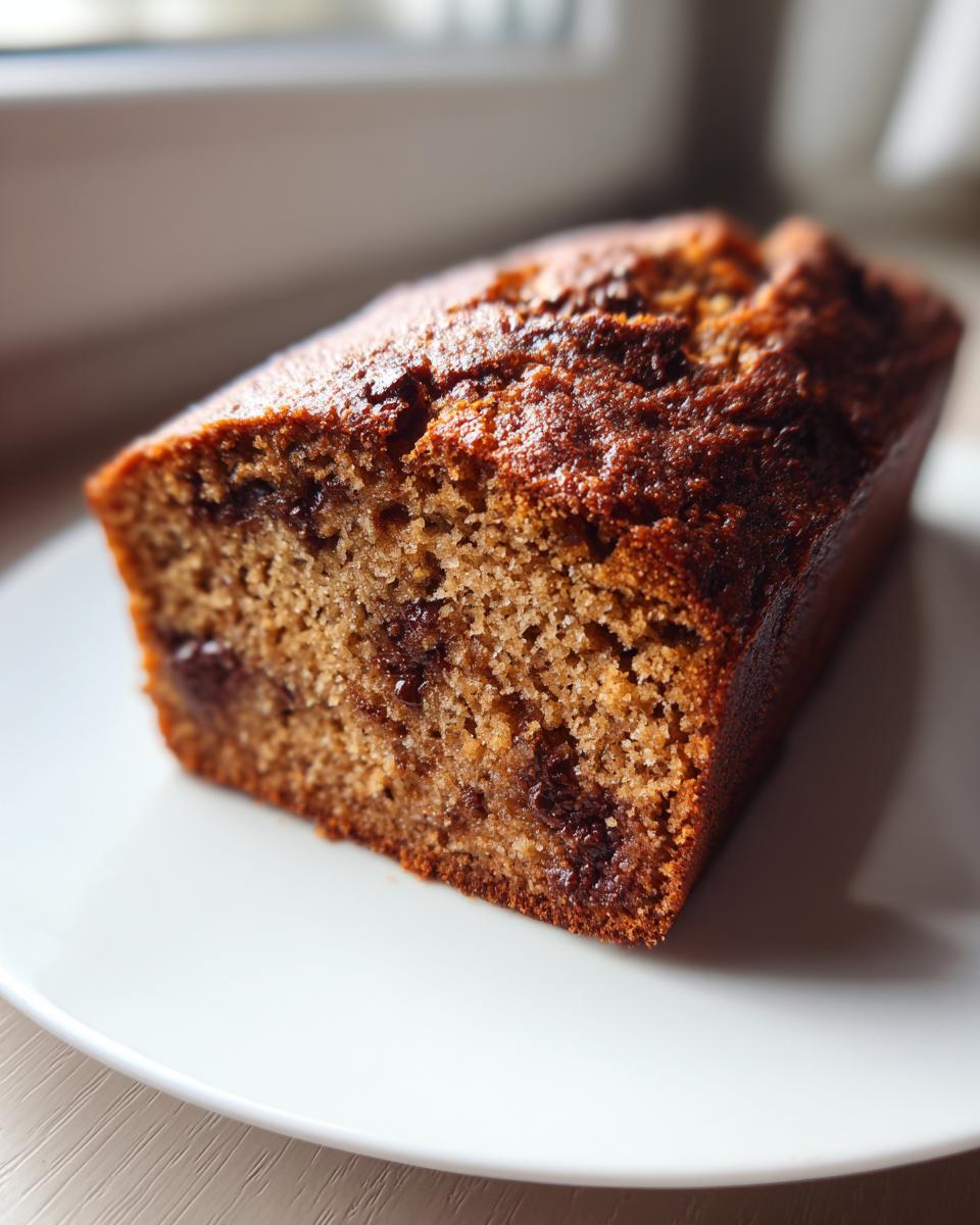 A close-up shot of a slice of freshly baked banana bread with visible chocolate chips on a white plate.