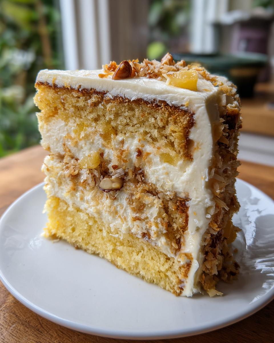 A tall, moist slice of Hawaiian wedding cake layered with cream, pineapple, toasted coconut, and nuts on a white plate.