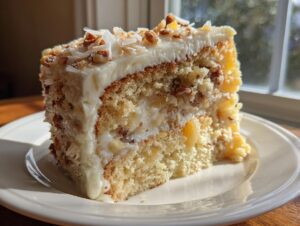 A thick slice of moist Hawaiian wedding cake with creamy frosting, pineapple, and toasted coconut flakes on top.