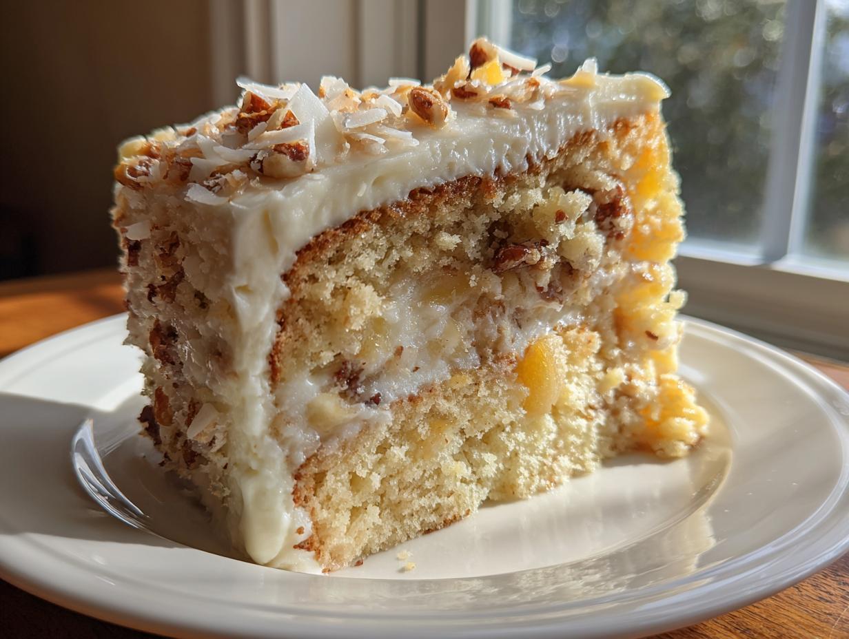 A thick slice of moist Hawaiian wedding cake with creamy frosting, pineapple, and toasted coconut flakes on top.