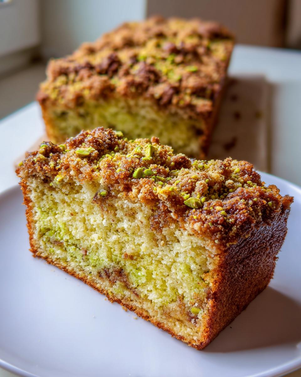 A close-up slice of moist pistachio coffee cake featuring a thick, crunchy brown sugar streusel topping sprinkled with bright green chopped pistachios.