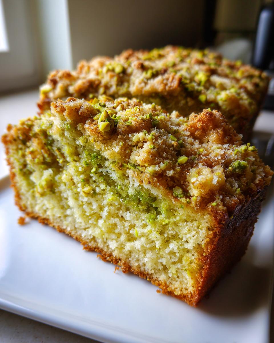 Close-up of a moist slice of pistachio coffee cake featuring green pistachio swirls and a crunchy streusel topping.