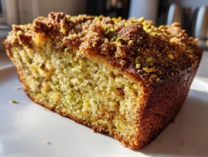 Close-up of a moist slice of pistachio coffee cake featuring a golden crust and green pistachio crumble topping.