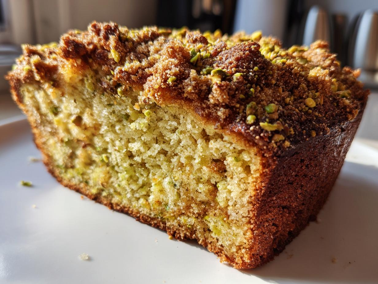 Close-up of a moist slice of pistachio coffee cake featuring a golden crust and green pistachio crumble topping.