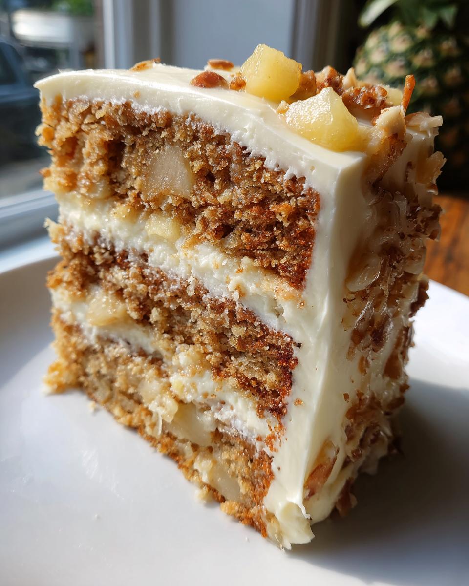 Close-up of a moist slice of Hawaiian wedding cake showing layers of cake, cream cheese frosting, and pineapple chunks.