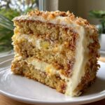Close-up of a moist slice of Hawaiian wedding cake layered with cream cheese frosting and toasted coconut flakes.