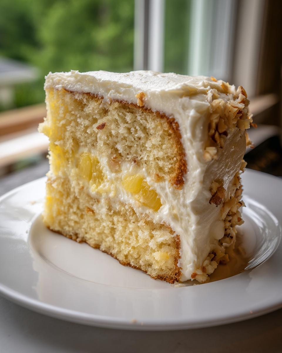 A moist slice of Hawaiian wedding cake featuring yellow cake layers, pineapple filling, and cream cheese frosting topped with nuts.