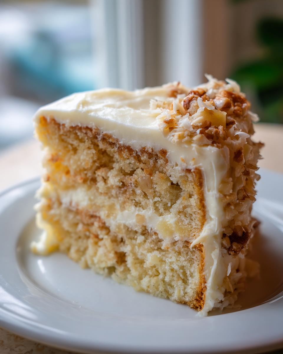 Close-up of a moist slice of Hawaiian wedding cake with white frosting and toasted coconut pecan topping.