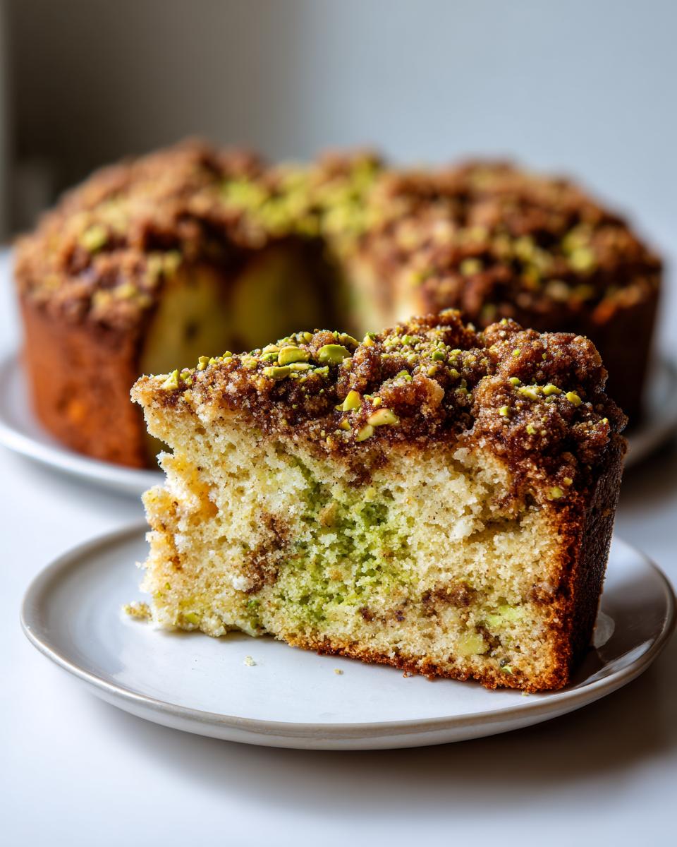 A moist slice of pistachio coffee cake featuring a green pistachio swirl and a thick, crumbly streusel topping sprinkled with chopped nuts.