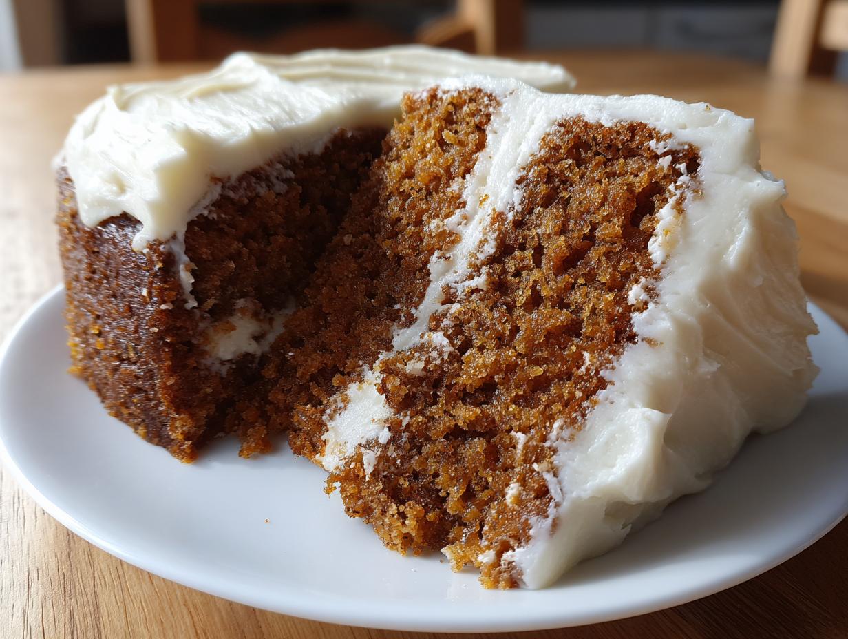 Close-up of a rich, dark brown slice of spice cake topped with thick white cream cheese frosting.