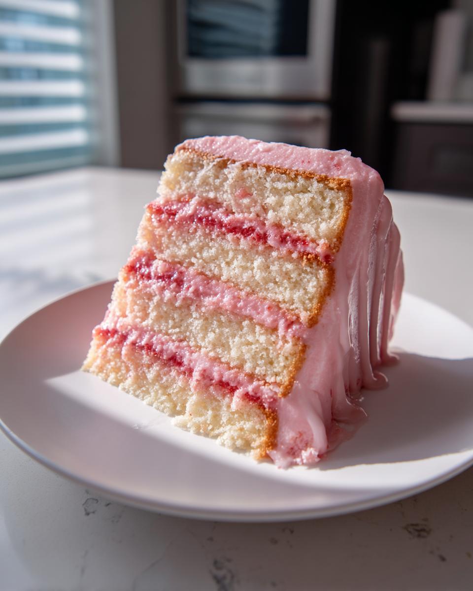 A tall, moist slice of strawberry lemonade cake with three layers and pink frosting dripping down the side.