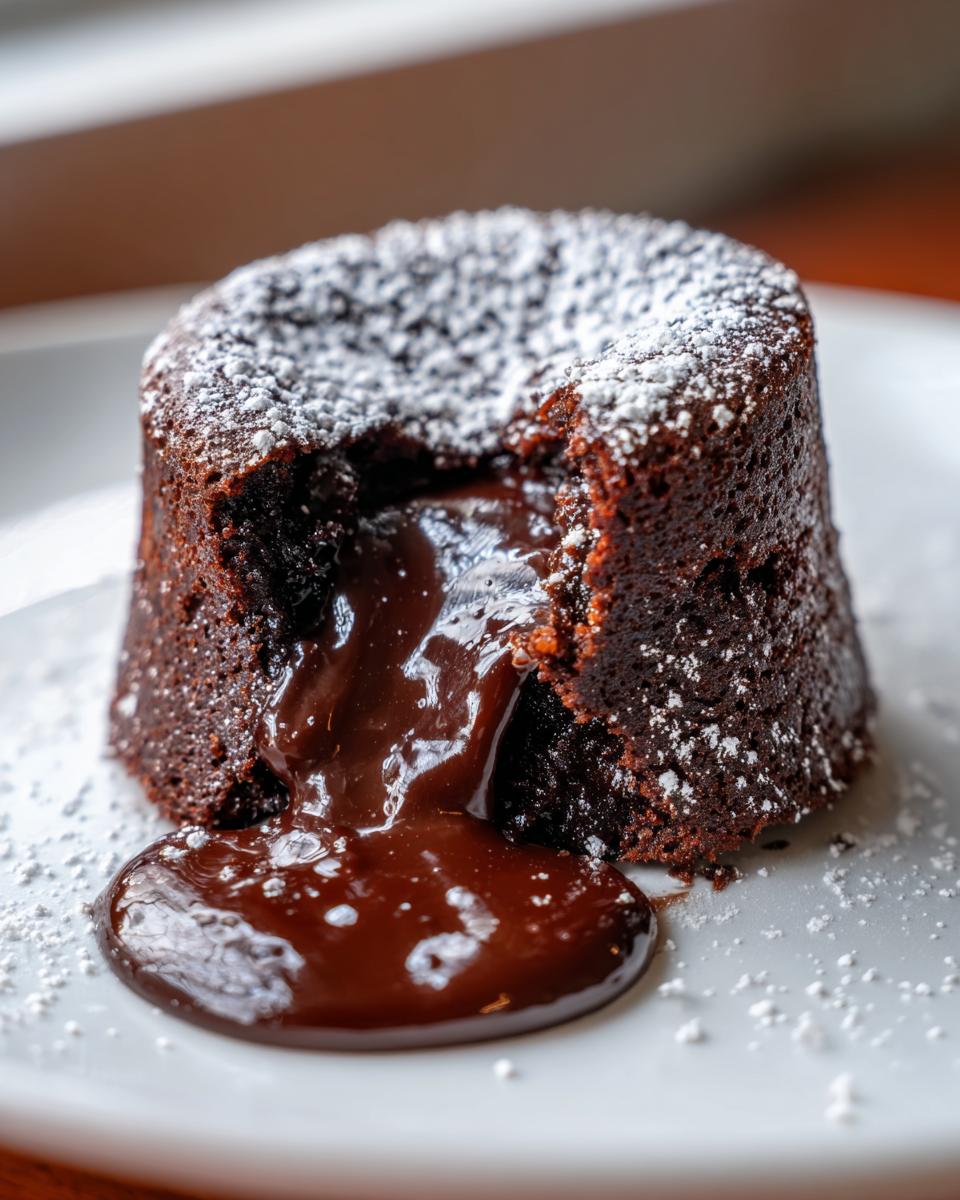 Close-up of a perfect lava cake with molten chocolate oozing out onto a white plate, dusted with powdered sugar.