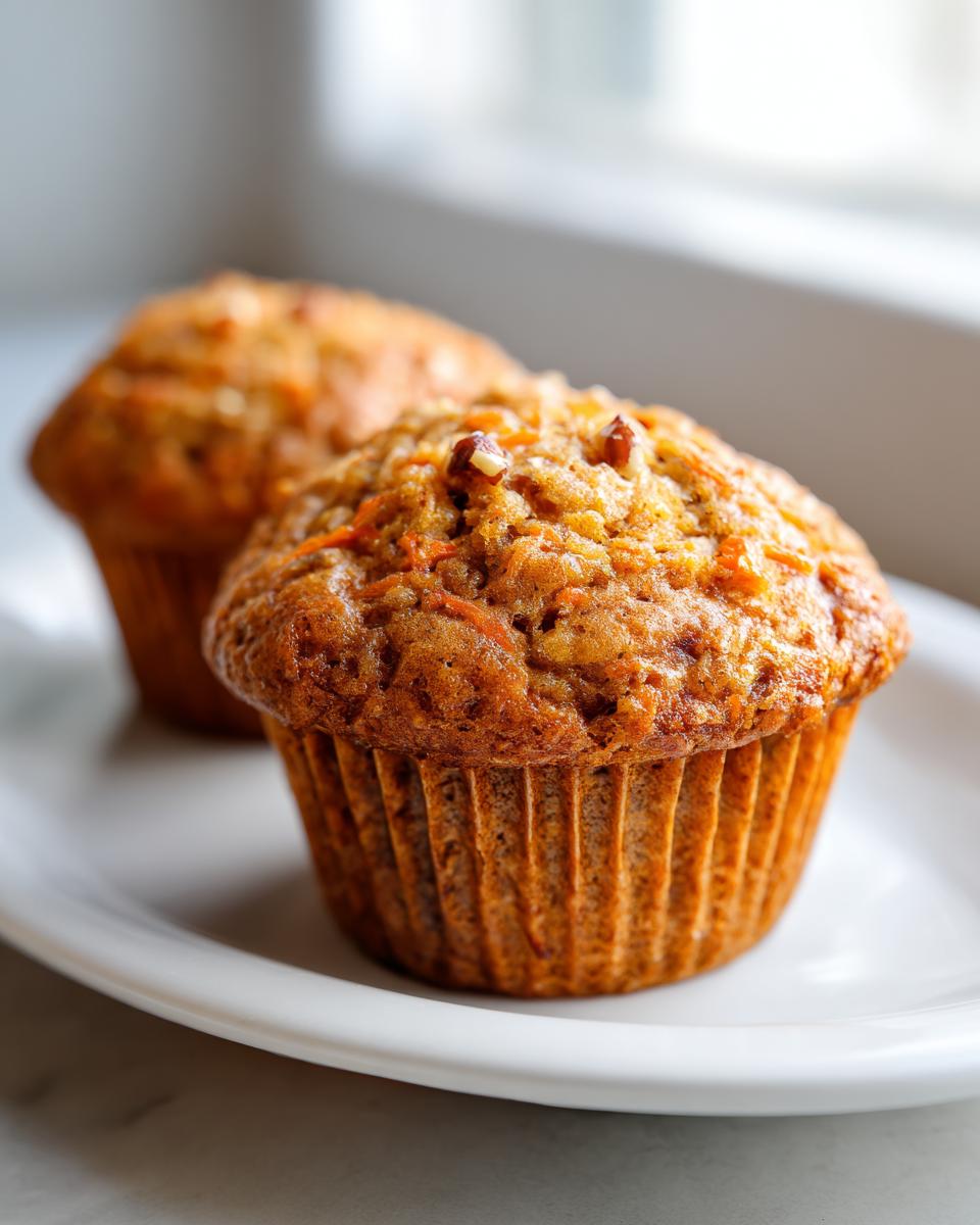 Two delicious morning glory muffins with visible carrot shreds and pecans resting on a white plate.