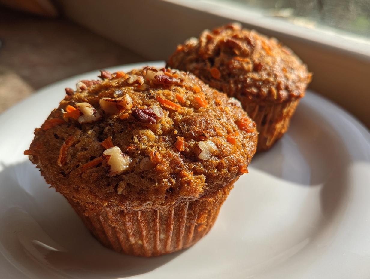 Close-up of two freshly baked morning glory muffins topped with shredded carrots and chopped pecans on a white plate.