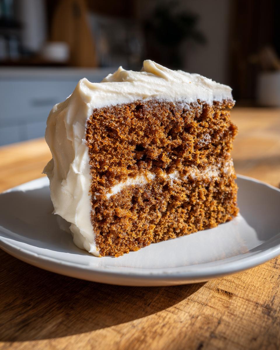 A close-up shot of a moist slice of spice cake layered with thick cream cheese frosting.