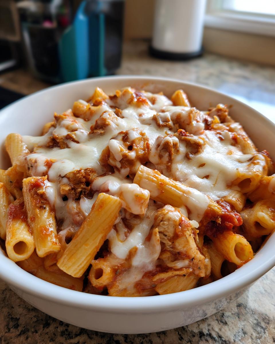 A close-up of a white bowl filled with one pot chicken parm pasta topped generously with melted mozzarella cheese.