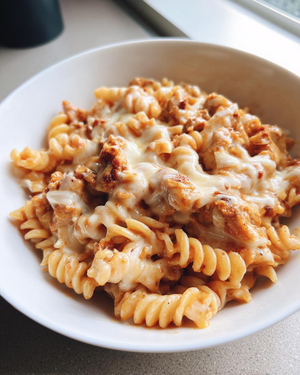 Close-up of a white bowl filled with one pot chicken parm pasta, featuring rotini noodles and melted mozzarella cheese.