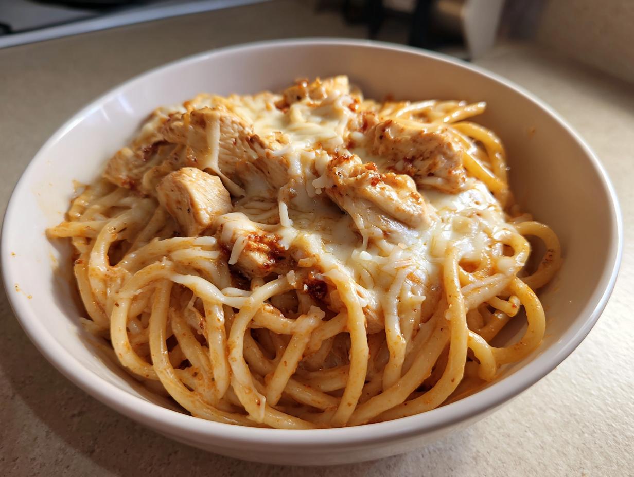 A close-up view of a serving of one pot chicken parm pasta topped with melted mozzarella cheese and chunks of seasoned chicken.
