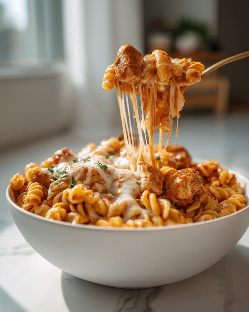 A fork lifting cheesy, saucy one pot chicken parm pasta out of a white bowl, showing long cheese pulls.