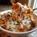 Close-up of a fork lifting cheesy one pot chicken parm pasta, showing a dramatic mozzarella cheese pull.