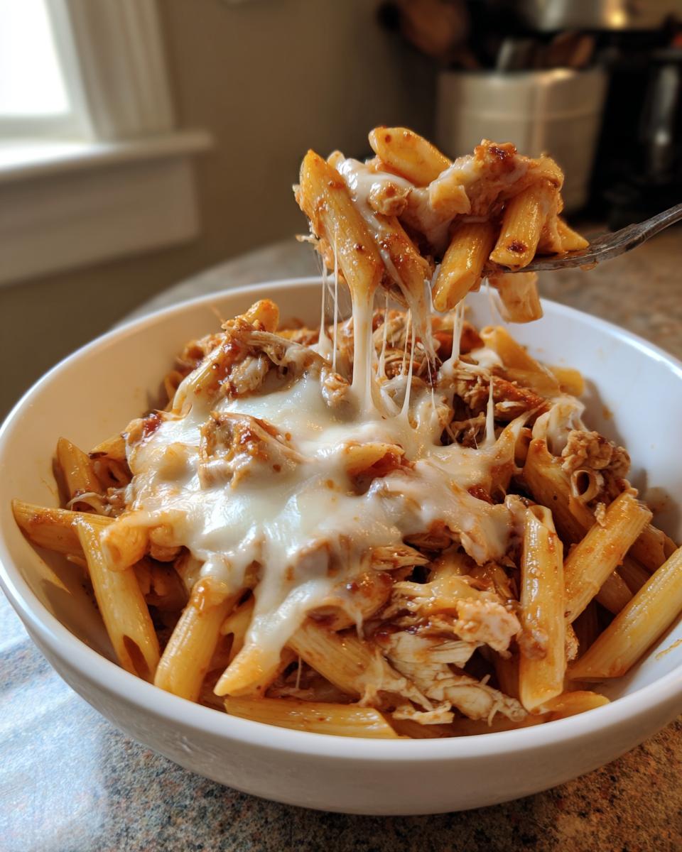 A fork lifting a bite of cheesy one pot chicken parm pasta, showing long, melted mozzarella cheese strings.