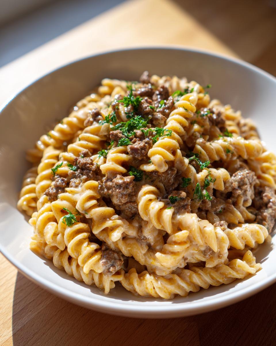 A close-up of one pot creamy beef and garlic pasta made with fusilli noodles in a white bowl, garnished with parsley.