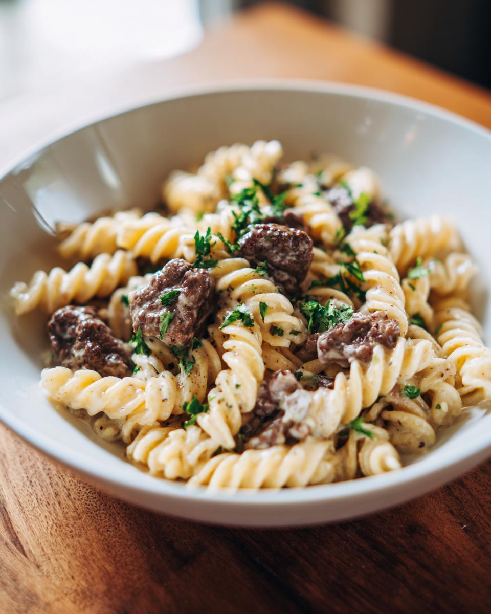 Close-up of a white bowl filled with one pot creamy beef and garlic pasta, garnished with parsley.
