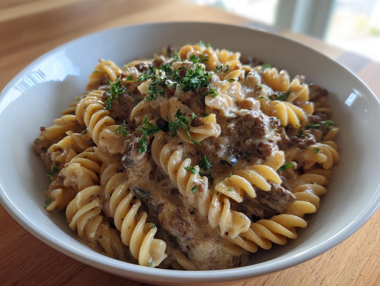 Close-up of a serving of one pot creamy beef and garlic pasta featuring fusilli noodles coated in a rich sauce and topped with parsley.