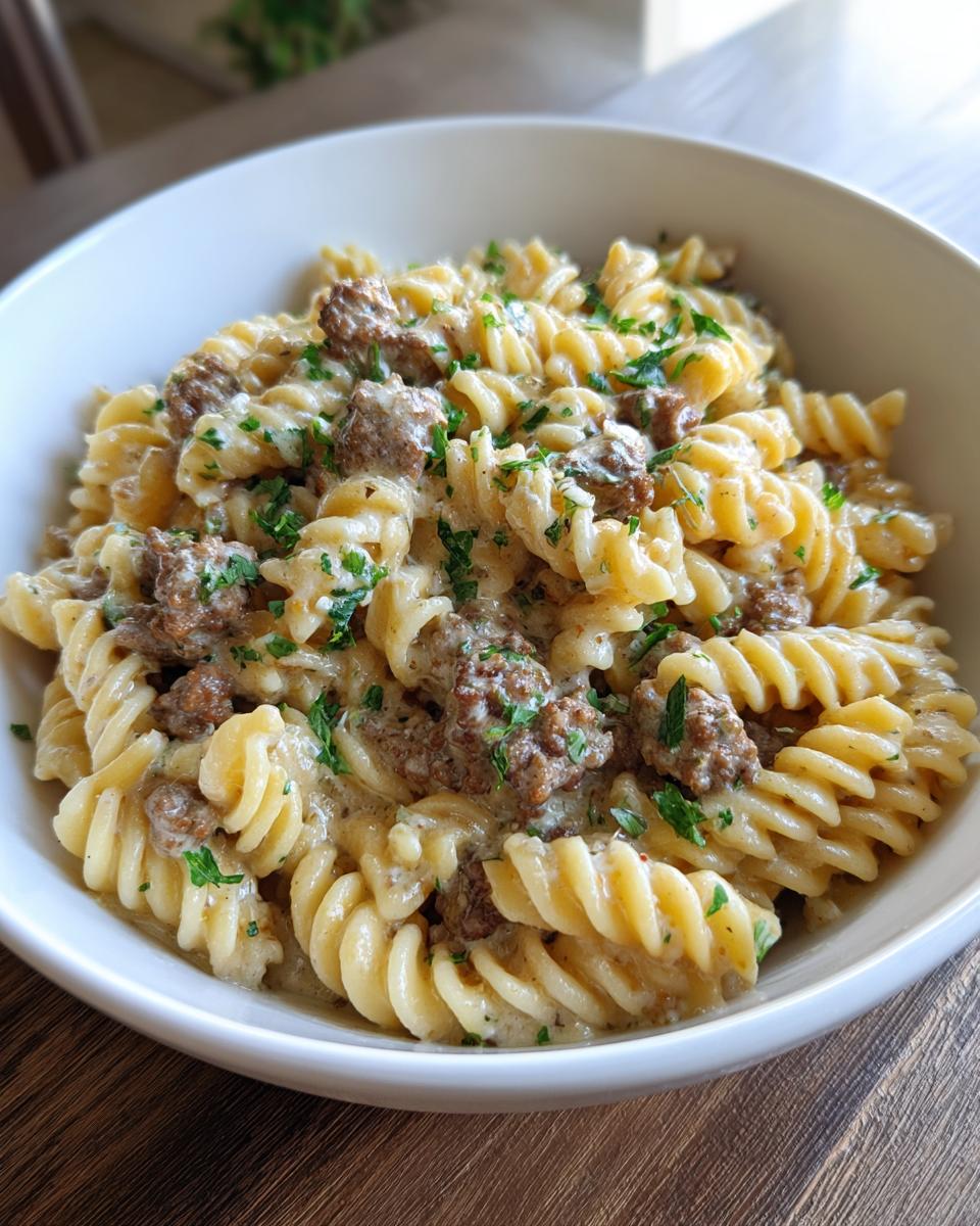 Close-up of a bowl filled with one pot creamy beef and garlic pasta, featuring fusilli pasta, ground beef, and fresh parsley garnish.