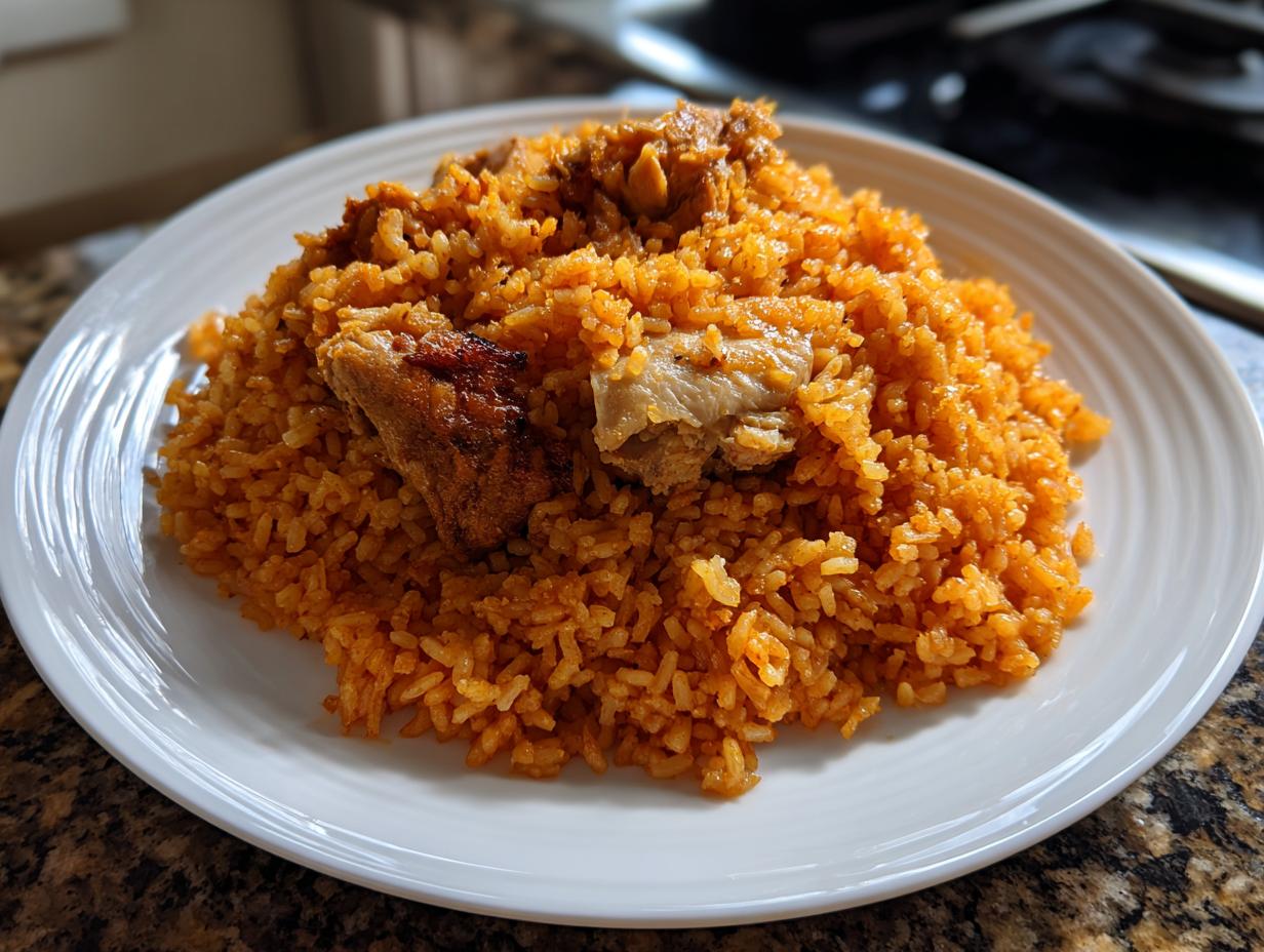 A generous serving of vibrant orange jollof rice topped with pieces of seasoned chicken on a white plate.