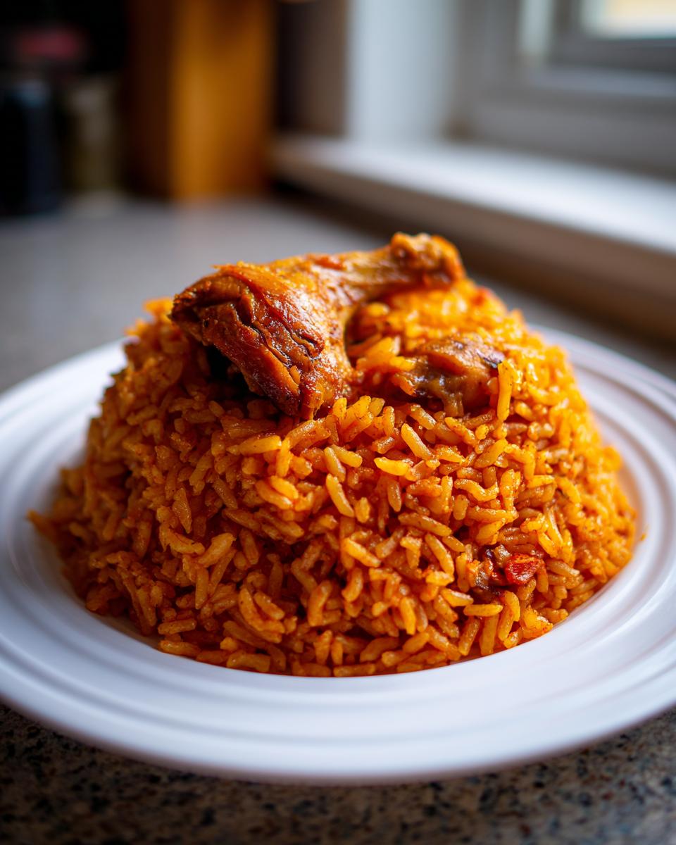 A mound of vibrant orange Jollof rice topped with a seasoned, roasted chicken drumstick on a white plate.