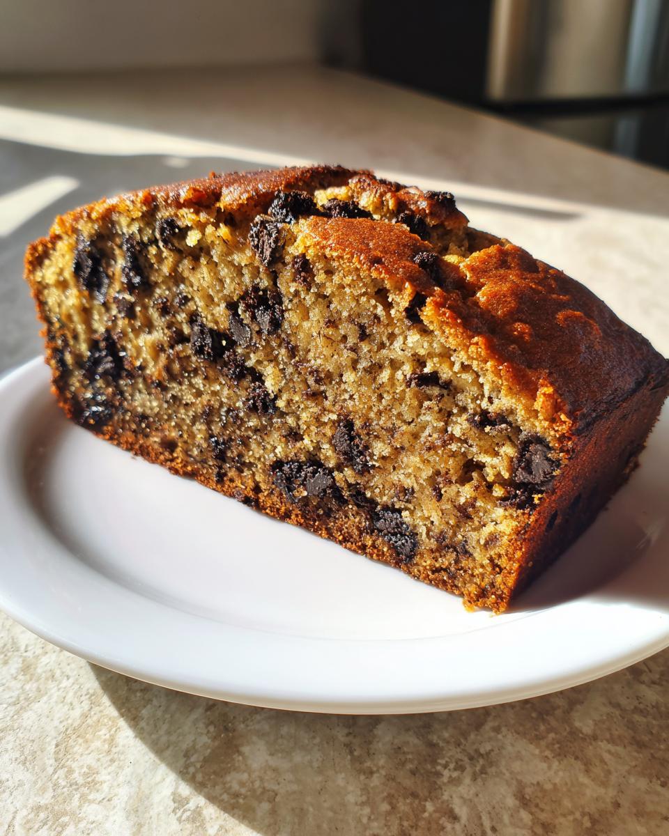 A close-up slice of moist oreo banana bread packed with chocolate chunks, sitting on a white plate.
