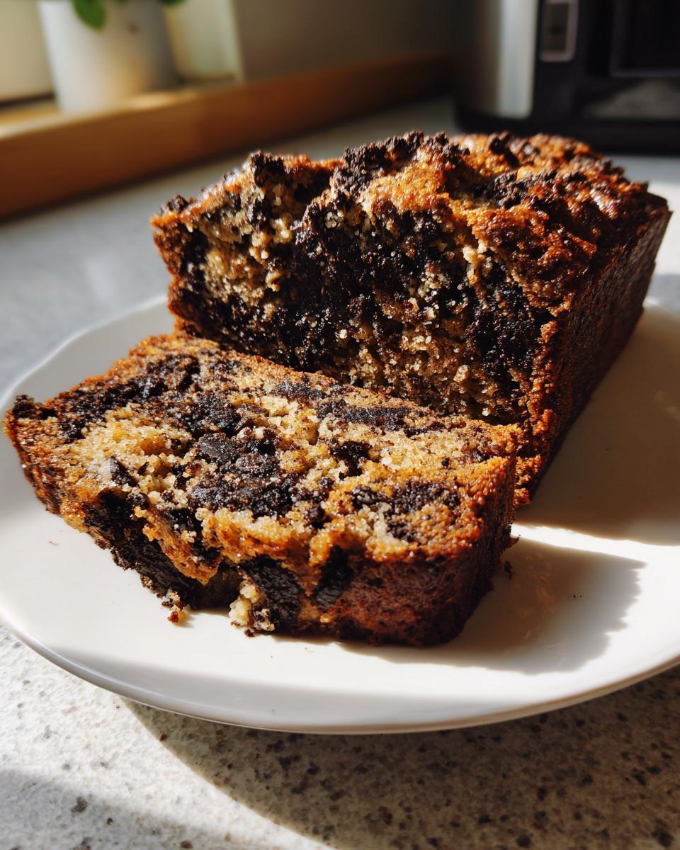 A close-up of sliced oreo banana bread showing rich chocolate swirls and a golden-brown crust, served on a white plate.