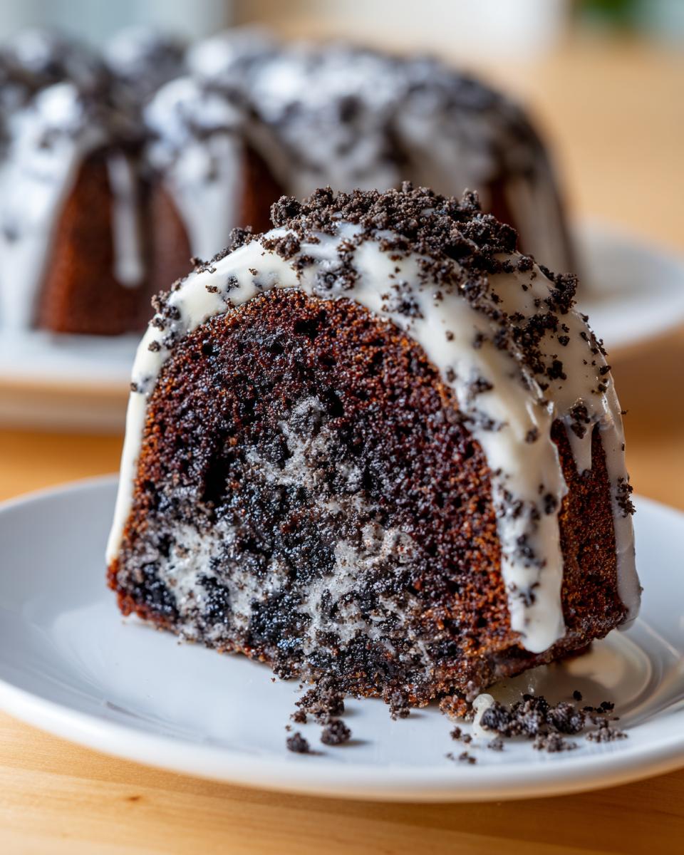 Close-up of a moist slice of Oreo Bundt Cake featuring dark chocolate cake with visible cookie pieces, topped with white glaze and crushed Oreos.