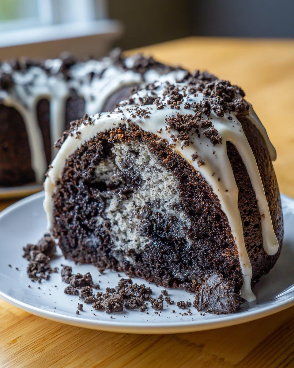 Close-up of a moist slice of Oreo Bundt Cake showing chocolate cake swirled with cookies and cream filling, topped with white glaze and crumbs.
