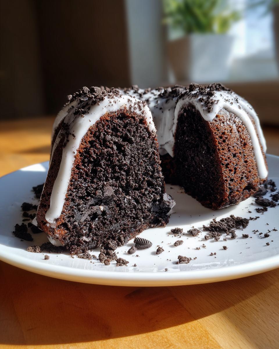 A slice cut from a rich, dark Oreo bundt cake, drizzled with white glaze and topped with cookie crumbs.