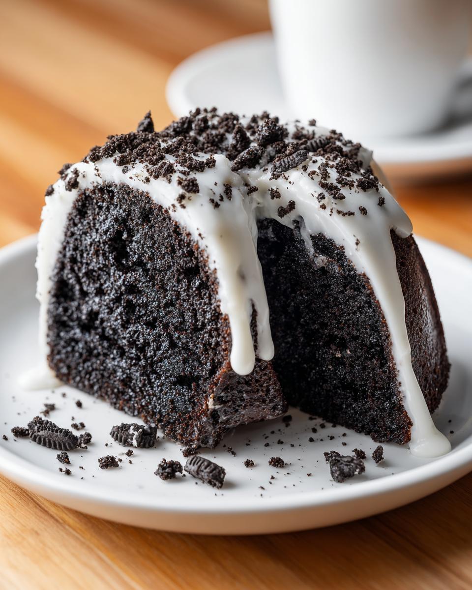 Two moist slices of dark chocolate Oreo bundt cake topped with white glaze and crushed cookies.