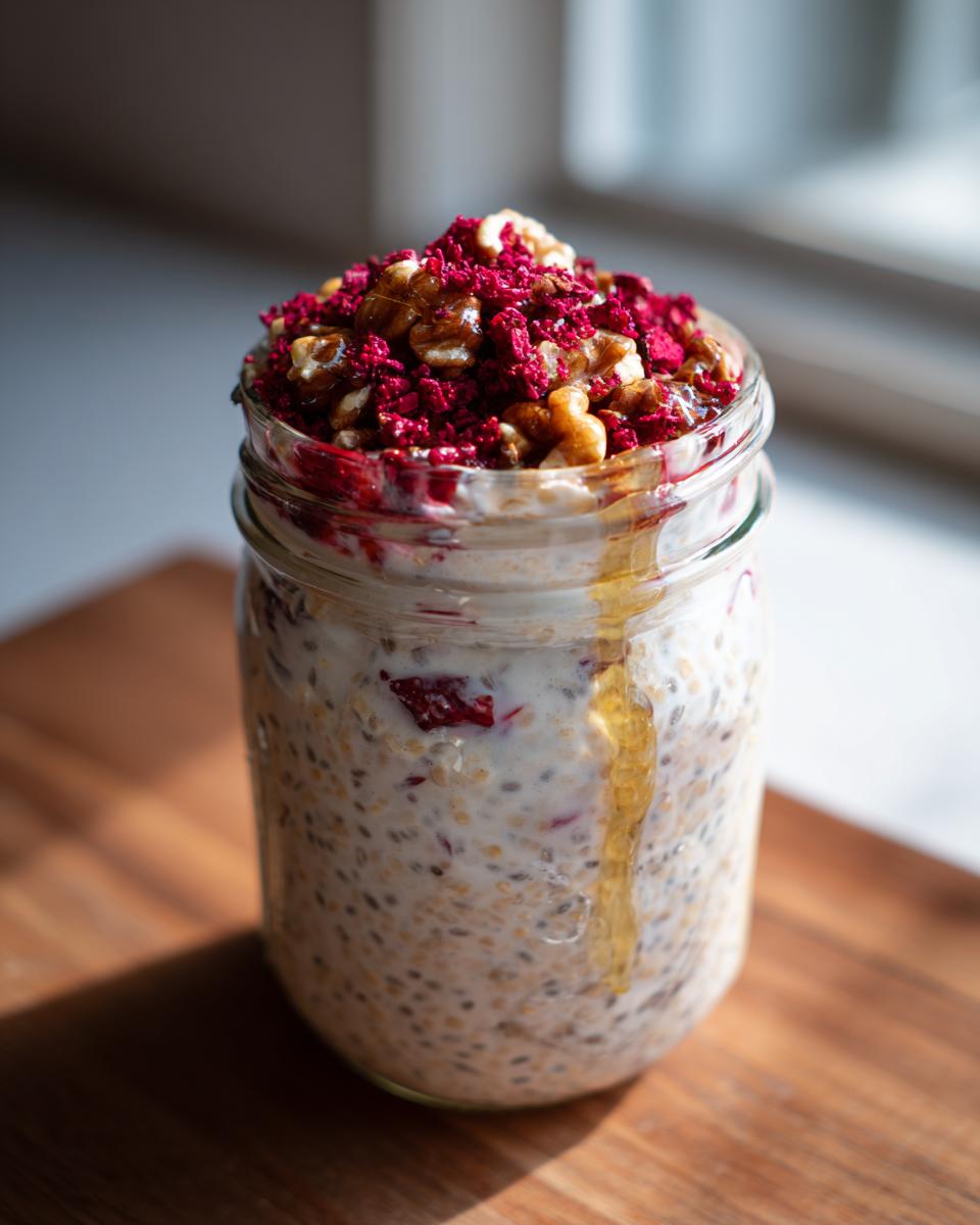 A glass jar filled with overnight chia seed pudding with yogurt, topped with walnuts and freeze-dried raspberries.