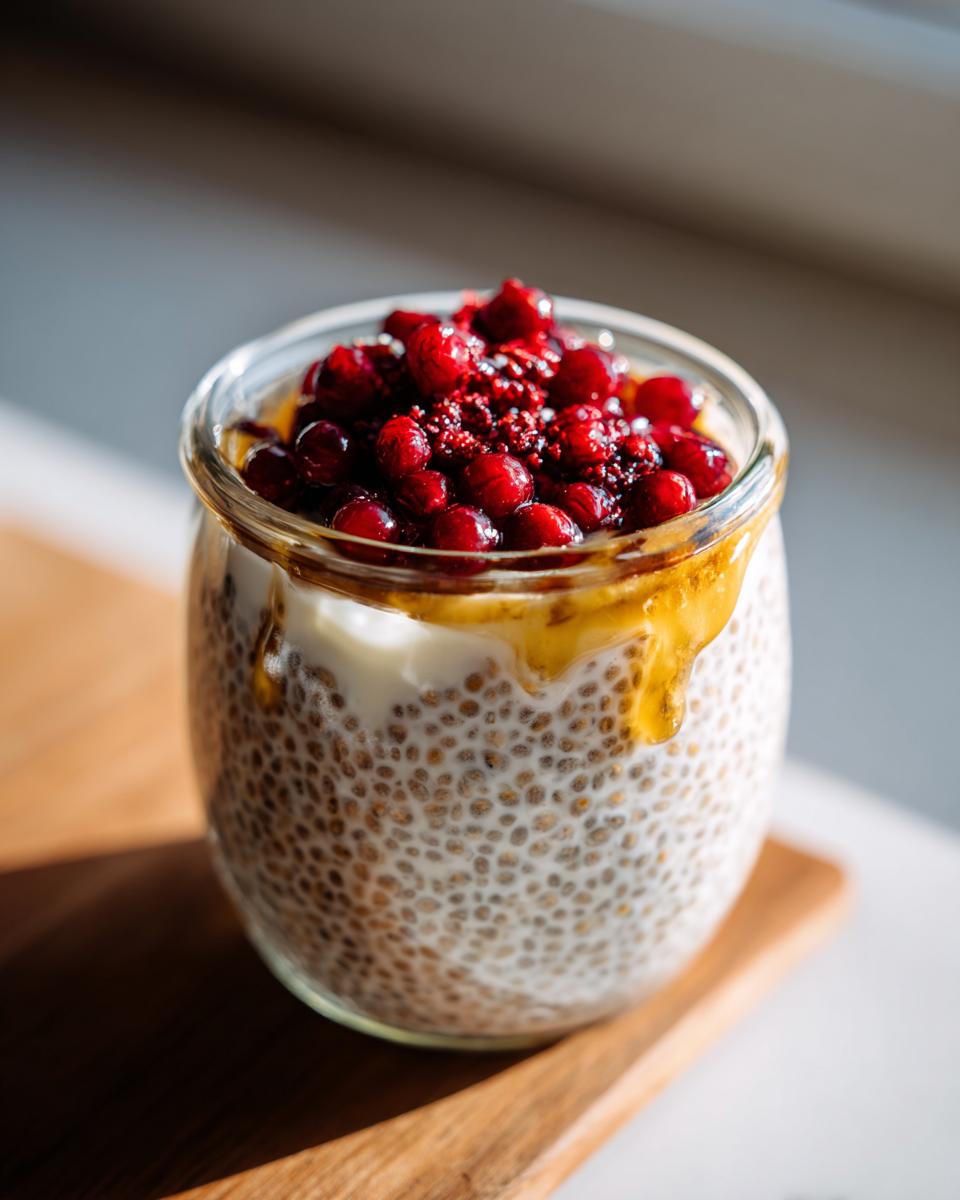Close-up of overnight chia seed pudding with yogurt, topped with red berries and drizzled with honey.