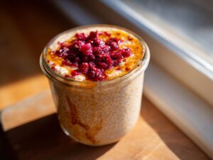 Close-up of overnight chia seed pudding with yogurt topped with bright red crushed berries and syrup in a glass jar.