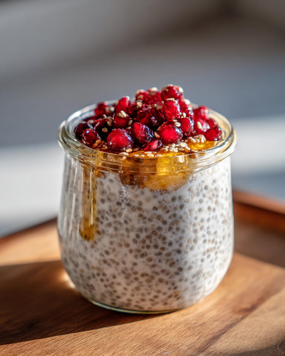 Close-up of overnight chia seed pudding with yogurt, topped with bright red pomegranate seeds and honey.