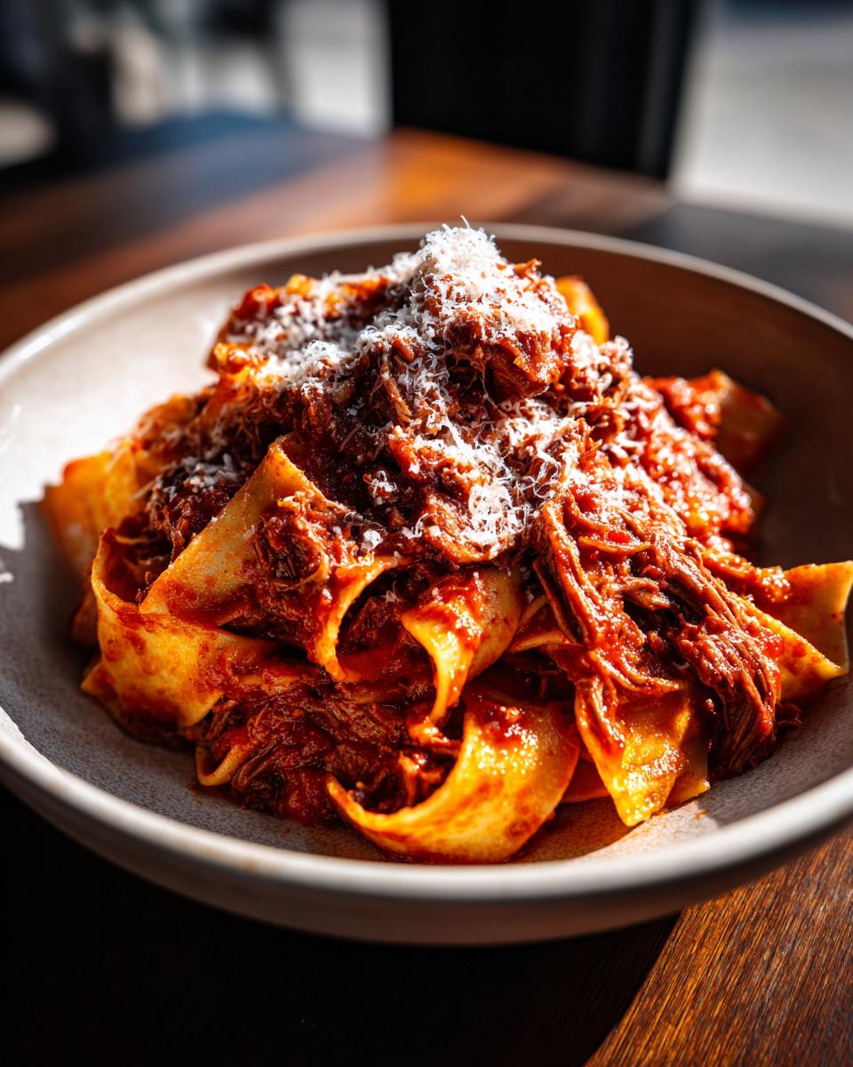 Close-up of wide pappardelle pasta smothered in rich beef ragu and topped with grated Parmesan cheese.