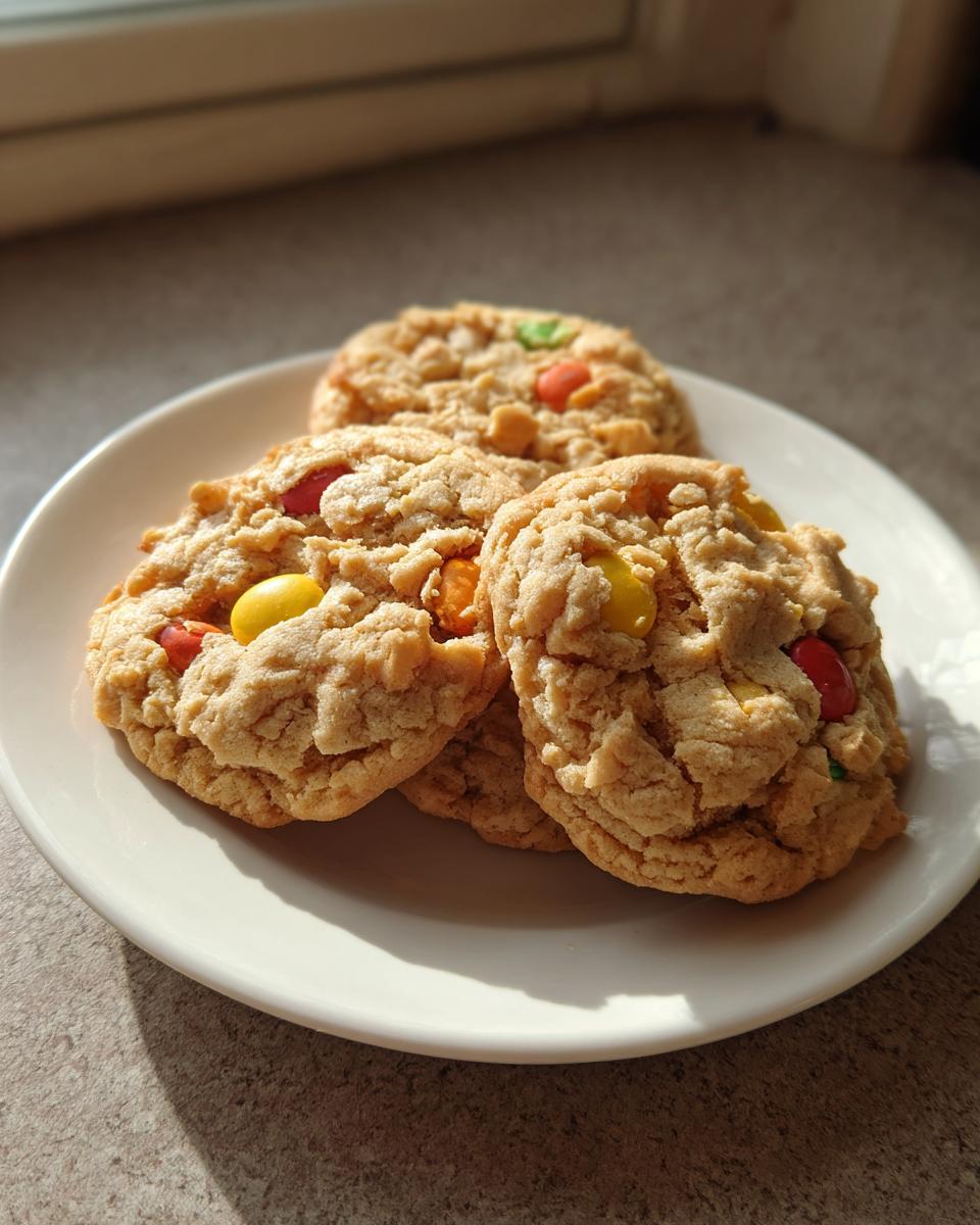 Close-up of three soft peanut butter m&m cookies studded with colorful candies, sitting on a white plate near a window.
